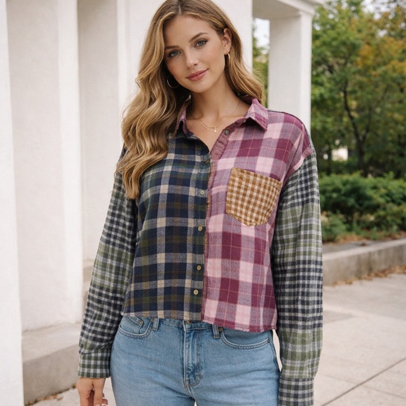 American Eagle Outfitters Tops - American Eagle Women’s Cropped Pathchwork Plaid Button-Down Shirt Size XL